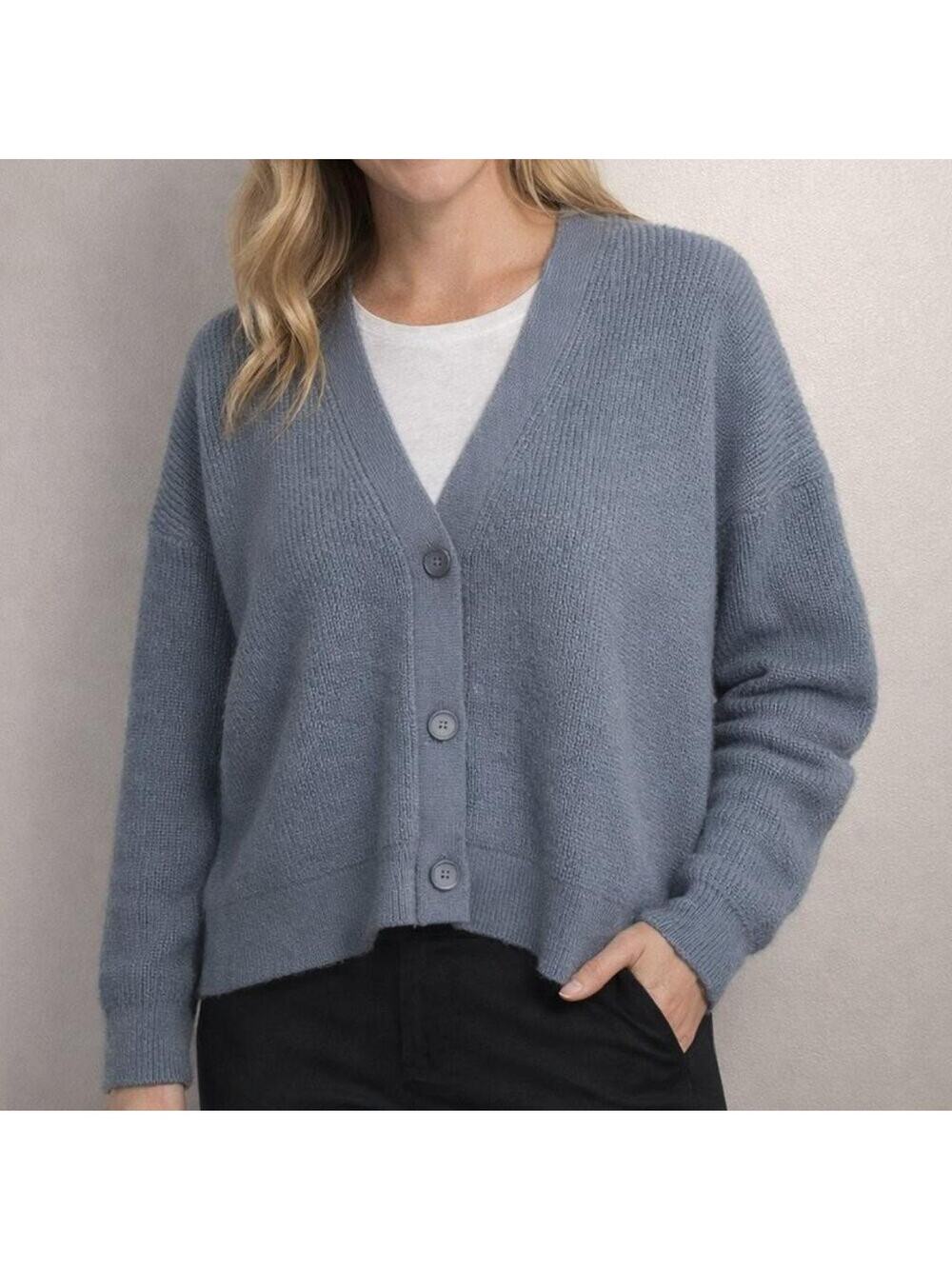 Zara Oversized Deep V Knit Cardigan Sweater Womens Large Blue Cottage Grandma